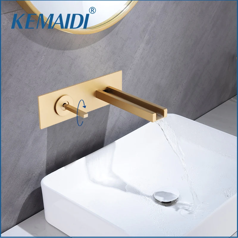 

KEMAIDI Brushed Gold Bathroom Basin Sink Faucet Wall Mounted Brass Bathtub Faucets Waterfall Mixer Tap Single Lever Taps