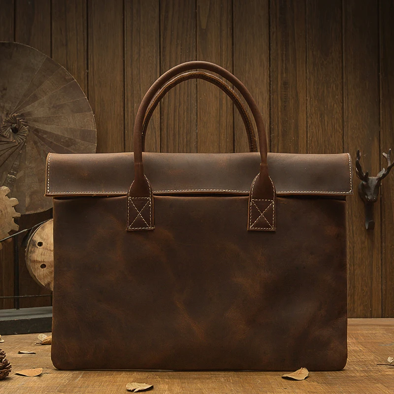 

Handmade Genuine Leather Briefcase Rero Cowhide Handbag Men Casual 16 inch Laptop Bag Vintage Crazy Horse Leather Office Tote