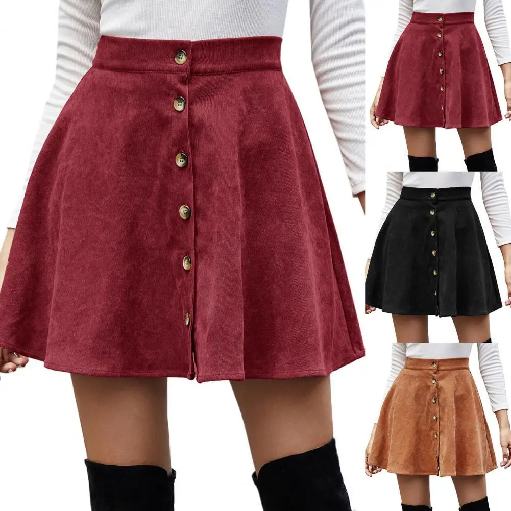 

Women's Skirts Vintage Corduroy Button Front High Waist Skirt Women Fall Winter Casual Flared Skirts Ladies Elegant Solid Faldas