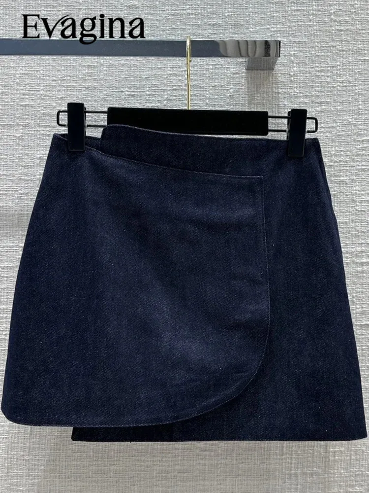 

Evagina Fashion Runway Summer Dark Blue Slim Half Skirt Women's Solid Color Patchwork Buttock Covering Mini Skirt