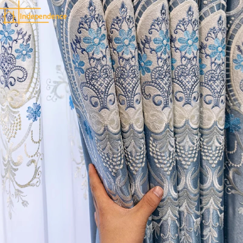 

New European Style Blue Embroidered Window Screen Glossy Curtains for Living Room Bedroom Balcony Bay Window Villa Customization