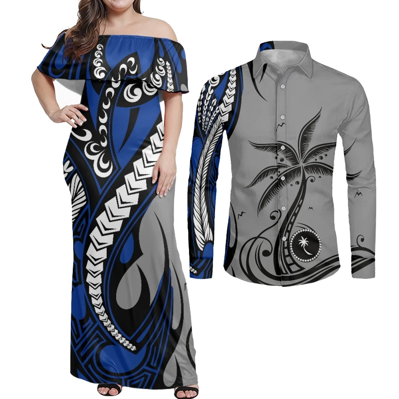 

HYCOOL New Polynesian Tribal Dress Women Ruched Long Bandage Strapless Bodycon Dress And Shirt Hawaii Party Couples Clothes