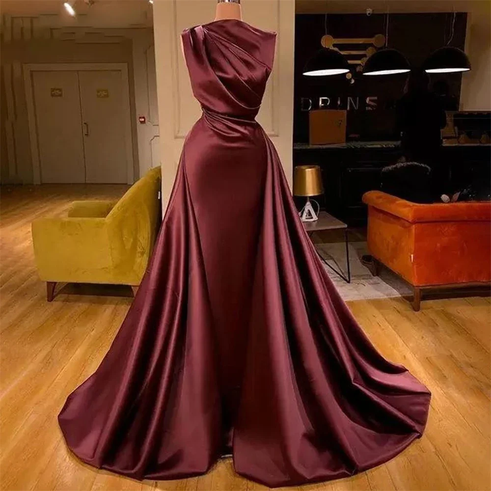 

Mermaid Sexy Prom Dresses Pleat Burgundy Evening Dresses Sleeveless Court Train Wedding Party Dresses vestido de fiesta de boda