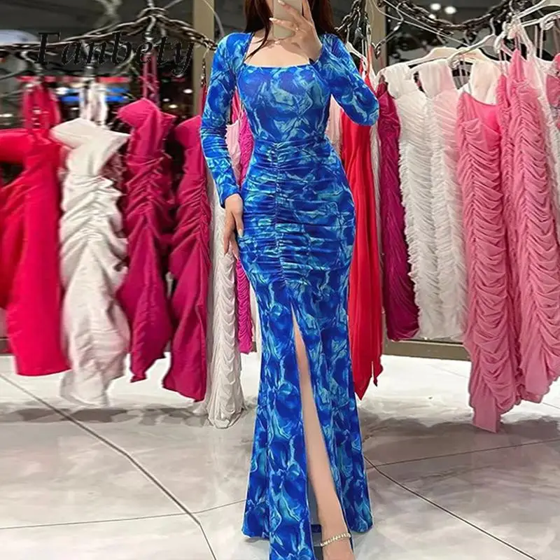 

Sexy Bodycon Backless Tie-Up Party Dress Fashion Slim Shirring Slit Blue Print Dress Autumn Elegant Women Long Sleeve Maxi Dress