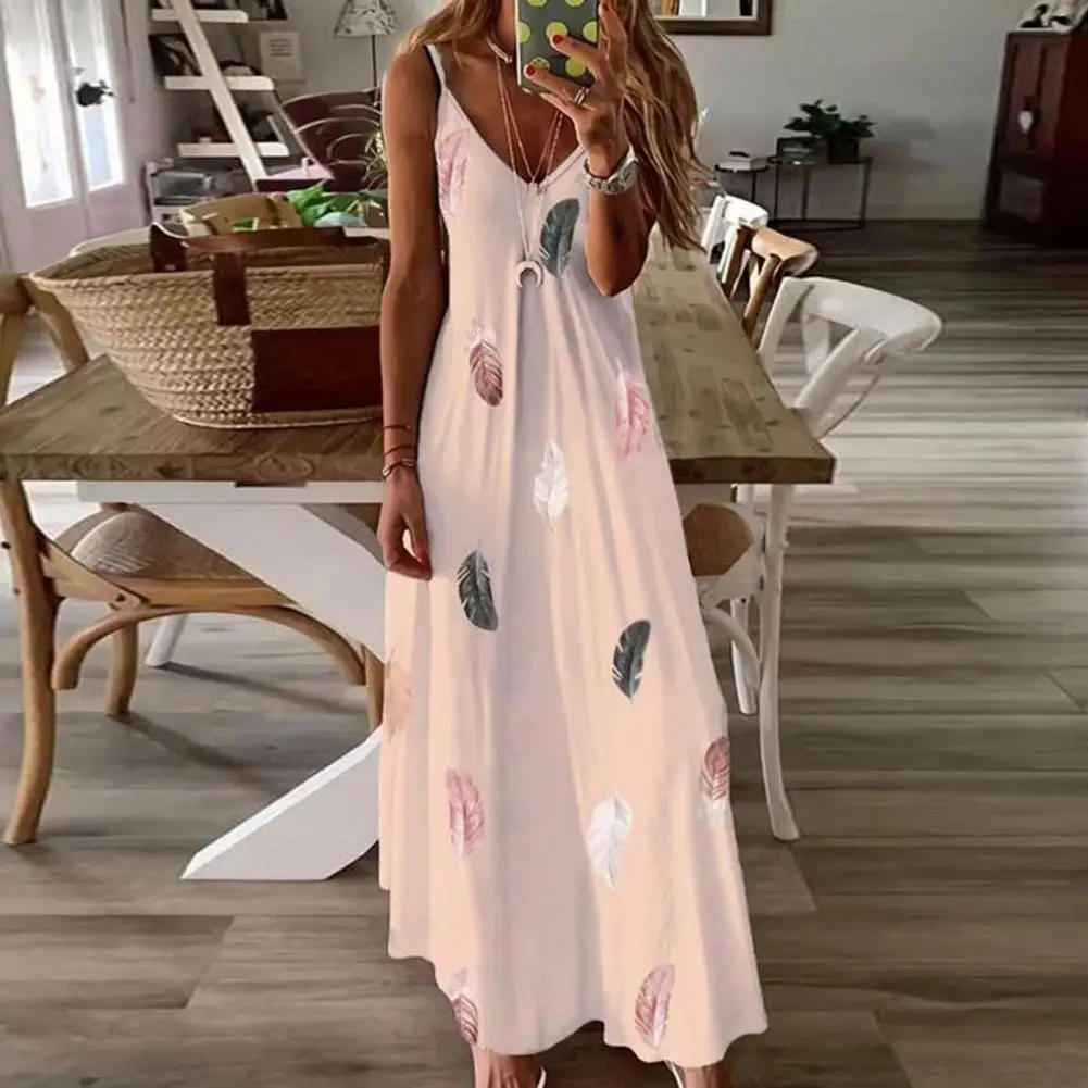 

Backless Sundress Bohemian Style Feather Maxi Dress for Summer Vacation V Neck A-line Ankle Length Strappy Dress with Retro