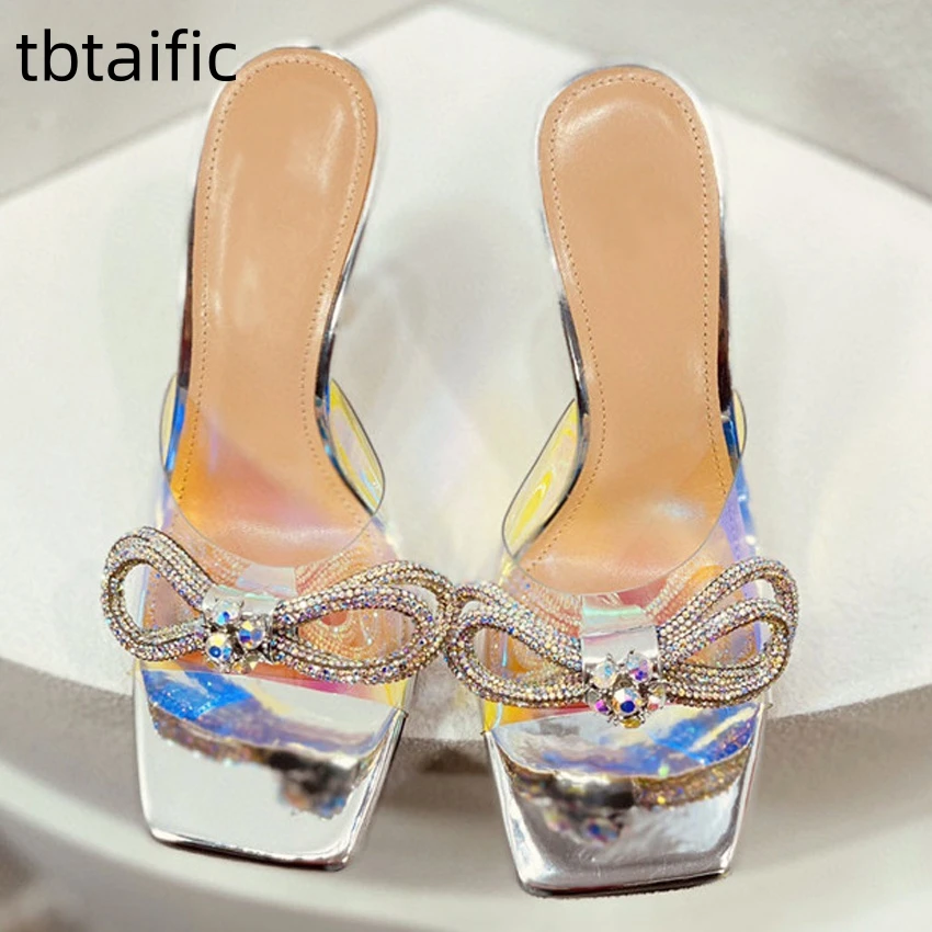 

Summer PVC Designer Slides Crystal Bowtie Decore High Heel Slippers Women Square Toe Party Wedding Shoes Women Gladiator Sandals