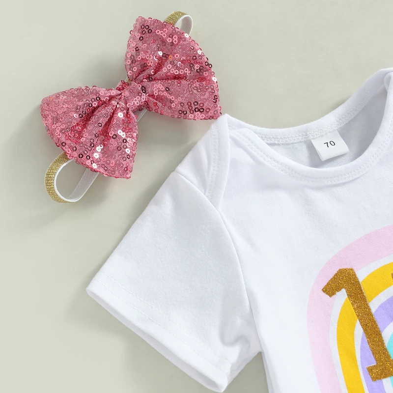 

Baby Girls 3Pcs Birthday Outfits Short Sleeve Letter Romper Tutu Shorts Headband Set