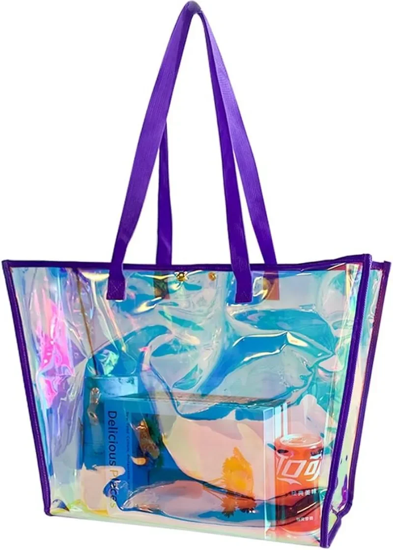 

Transparent Holographic PVC Tote Bags, Iridescent Waterproof Top Handle Bag, Clear Jelly Totes Vocation Party Beach Bag