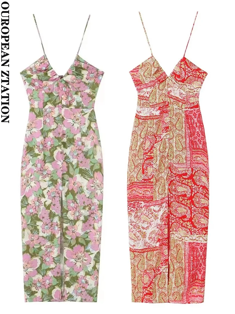 

Модное женское платье-миди PAILETE с цветочным принтом и разрезом спереди, пикантное платье с открытой спиной и молнией, женские платья на тонких бретелях, vestidos mujer, 2023