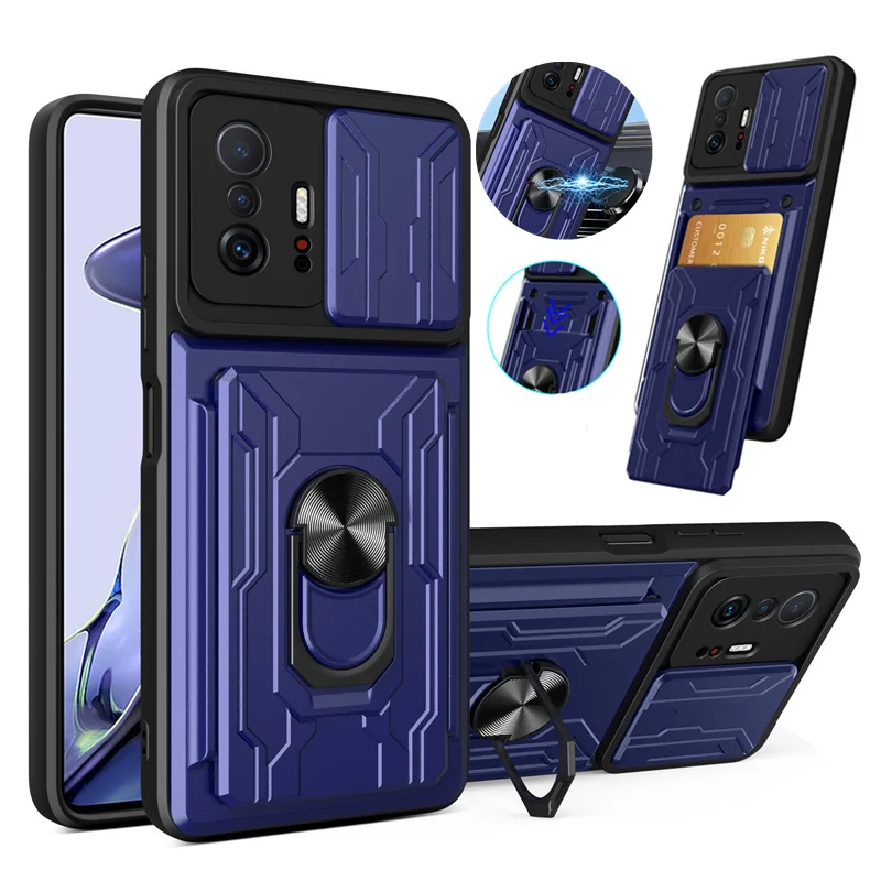 

Slide Camera Shockproof Armor Phone Case For Xiaomi Mi 11T 11 T Mi11T Xiaomi11T Pro Card Slot Bracket Stand Holder Back Cover