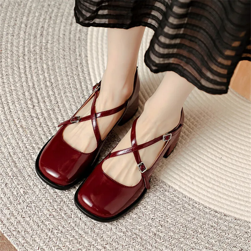 

New 2023 Spring/summer Mary Jane Shoes Women Shoes Cross-tied Square Toe Chunky Heel Casual Women Pumps Handmade Shoes for Women