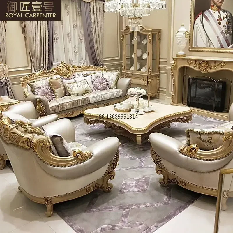 

Luxury European style villa leather sofa combination court first layer cow leather solid wood carving living room furniture