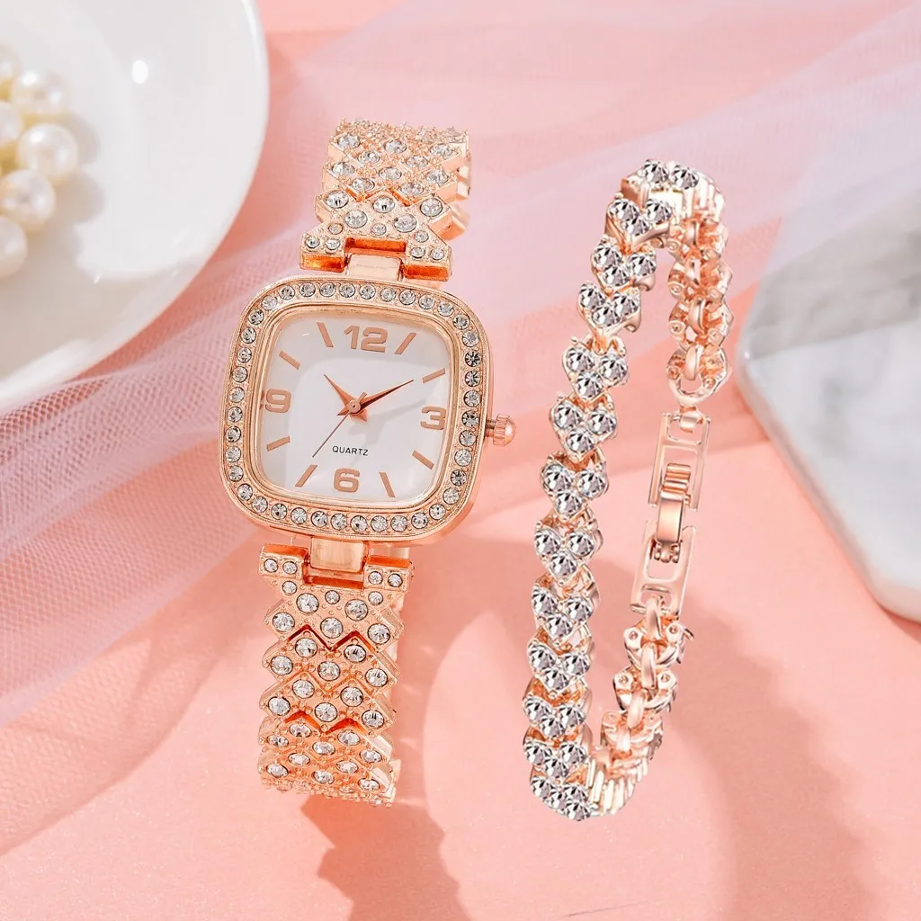 

2 Stuks Set Quartz Horloge 2022 Nieuwe Mode Luxe Full Diamant Dames Armband Horloges Vrouwen Vrouwelijke Klok Relogio Feminino