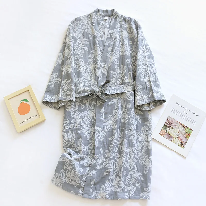 

Women's Nightgowns Summer Dress 100% Gauze Cotton Kimono Robe Flower Print Pajamas Khan Steamed Bathrobe Sleepwear Nightie Femme