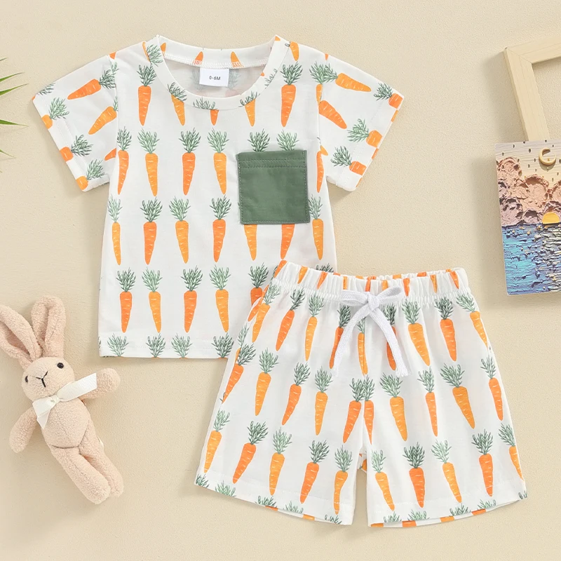 

Летний комплект для маленьких мальчиков, топ с круглым вырезом, короткими рукавами, нагрудным карманом и шорты с эластичным поясом и принтом моркови