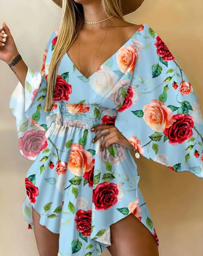 

Womens Dresses 2024 Spring Fashion Floral Print Shirred V-Neck Batwing Sleeve Casual Half Sleeve Asymmetrical Vacation Dress