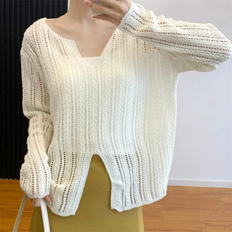 Korean Version Thin Hollow Long Sleeve Knitted Cardigan Women Spring Summer Design Niche Short Tops Loose Sexy Irregularly
Korean Version Thin Hollow Long Sleeve Knitted Cardigan Women Spring Summer Design Niche Short Tops Loose Sexy Irregularly