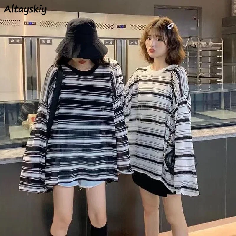 

Пуловеры женские свободные полосатые Винтажные Солнцезащитные модные в Корейском стиле уличная одежда для друзей унисекс парные отдыха тонкие шикарные Молодежные