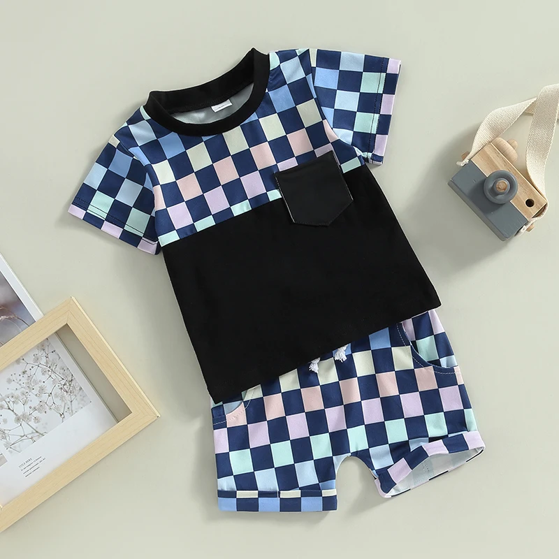 

Toddler Baby Boy Summer T Shirt Shorts Outfits Checkerboard Contrast Color Short Sleeve Tee Tops Elastic Casual Shorts Set