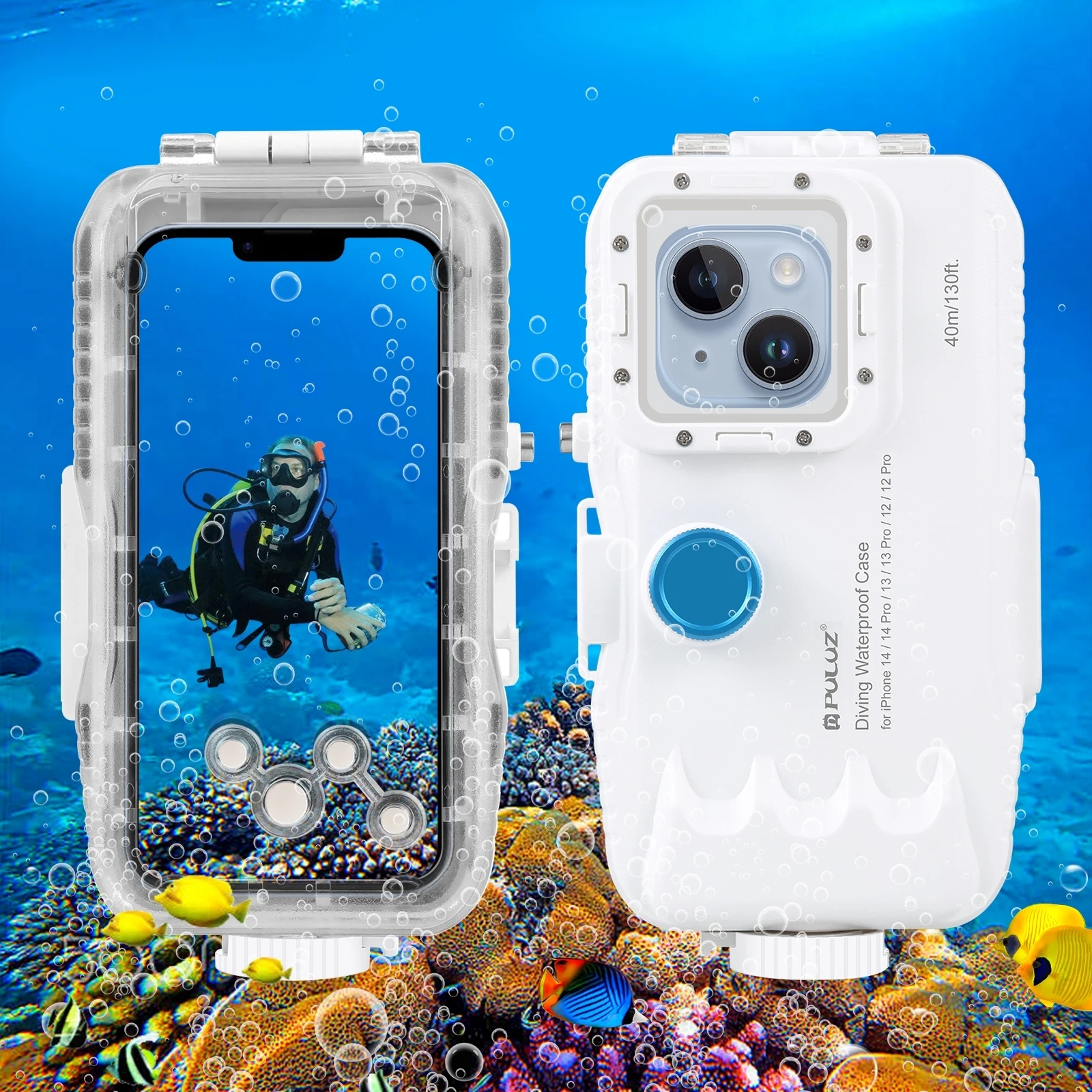 

40m/130ft Waterproof Diving Case for iPhone 15 14 Pro 13 12 Pro with One-way Valve Photo Video Taking Underwater Housing Cover