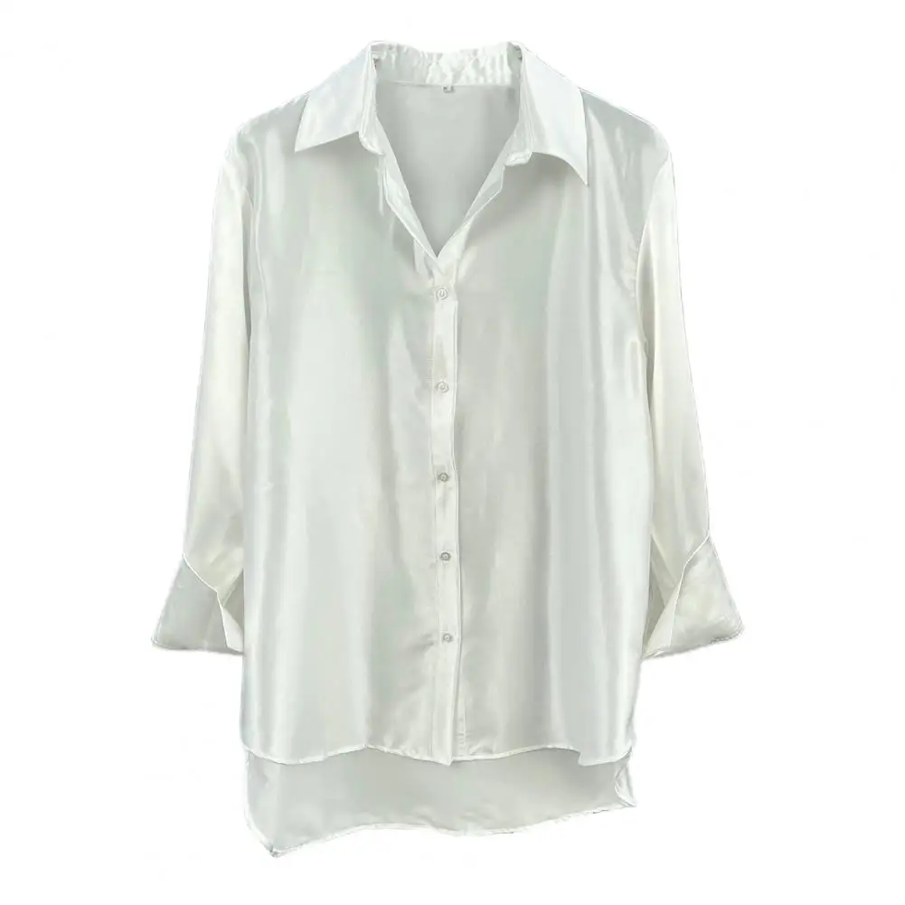 

Женская рубашка, элегантный Шелковый Атласный Кардиган с длинным рукавом, однобортная гладкая блузка в официальном стиле на осень и весну