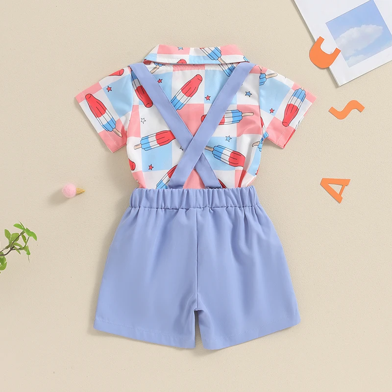 

4th of July Infant Baby Boy Outfits Short Sleeve Romper Bowtie Shirt Suspender Shorts 2Pcs Gentleman Clothes Set