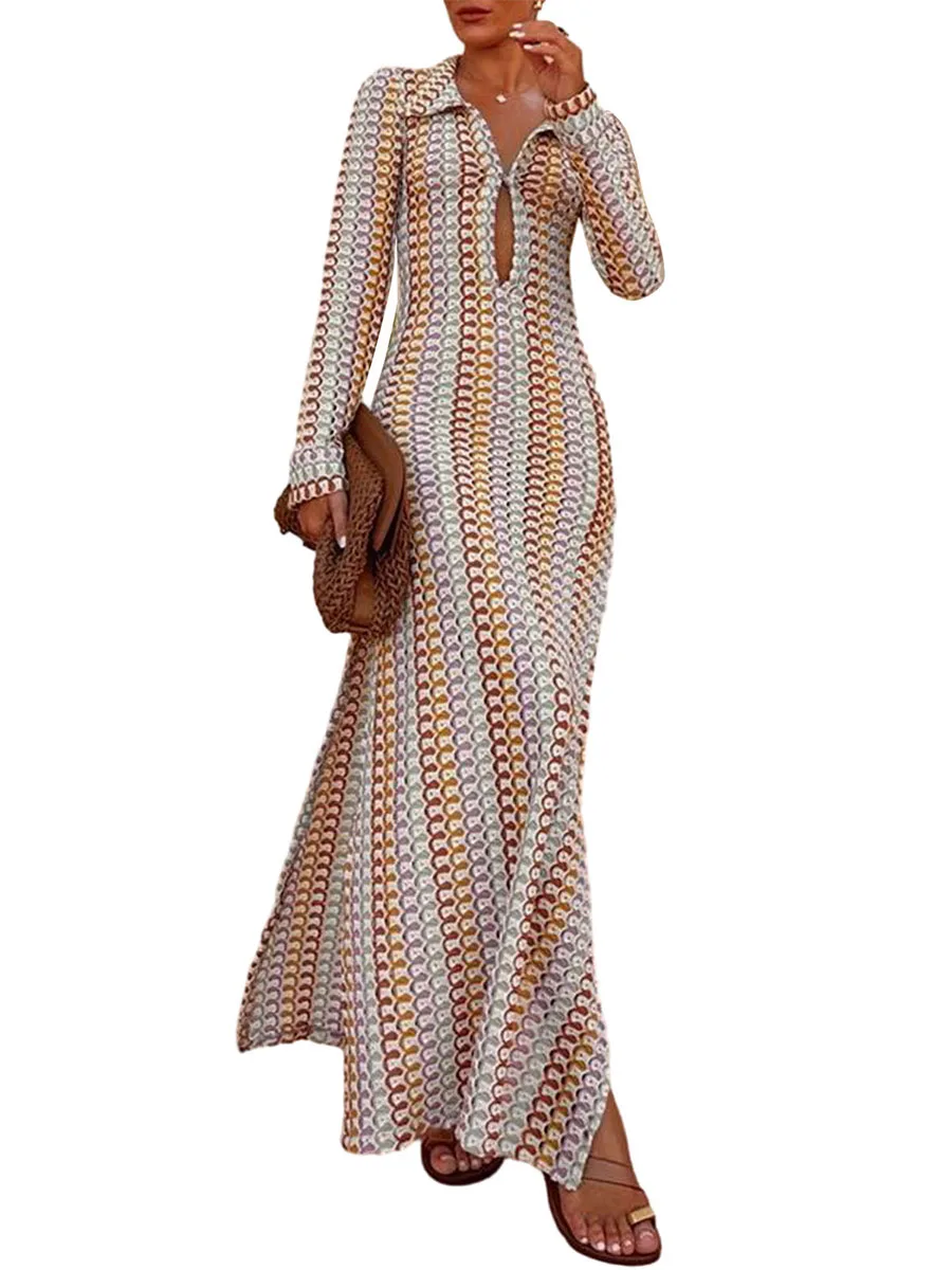 

Women s Slim Fitted Crochet Long Dress Long Sleeve Deep V-Neck Lapel Collar Thigh Elegant Maxi Dress