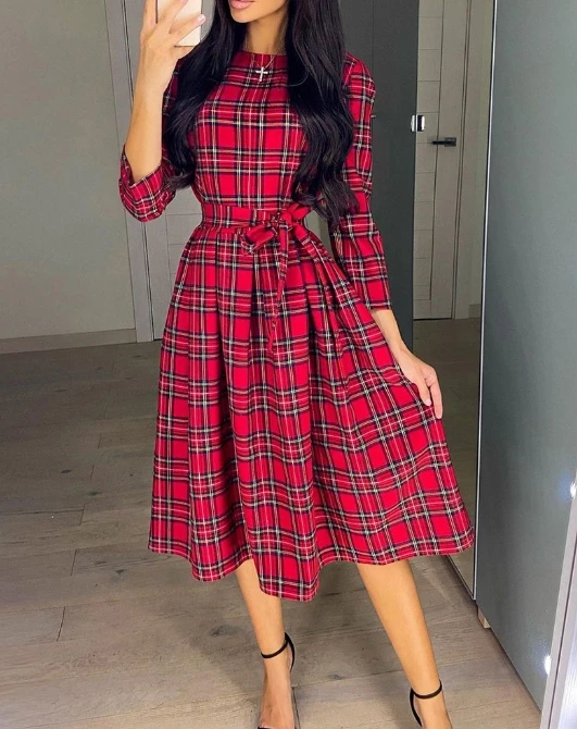 

Women's Summer New Long Dress with , Fashionable Round Neck, Red Plaid Pattern, Long Sleeve, Waist Tie Up, Waist Tie Up Dress
