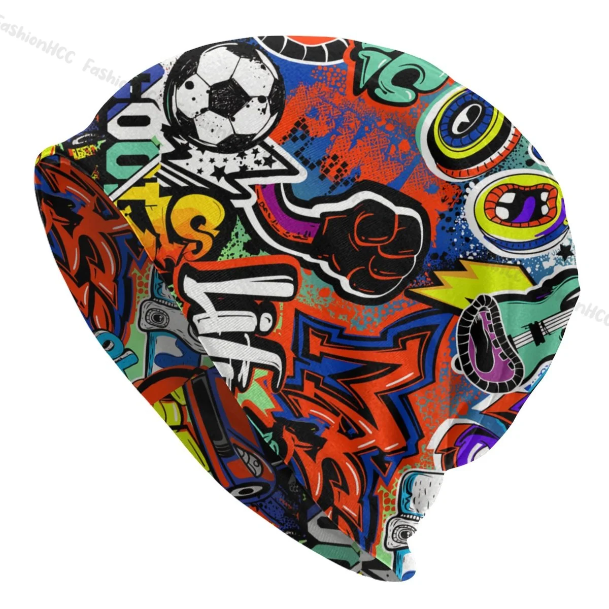 

Graffiti Art Pattern Skullies Beanies Caps Monsters Guitar Gamepad Doodle Autumn Bonnet Hats Men Women's Unisex Thin Cap