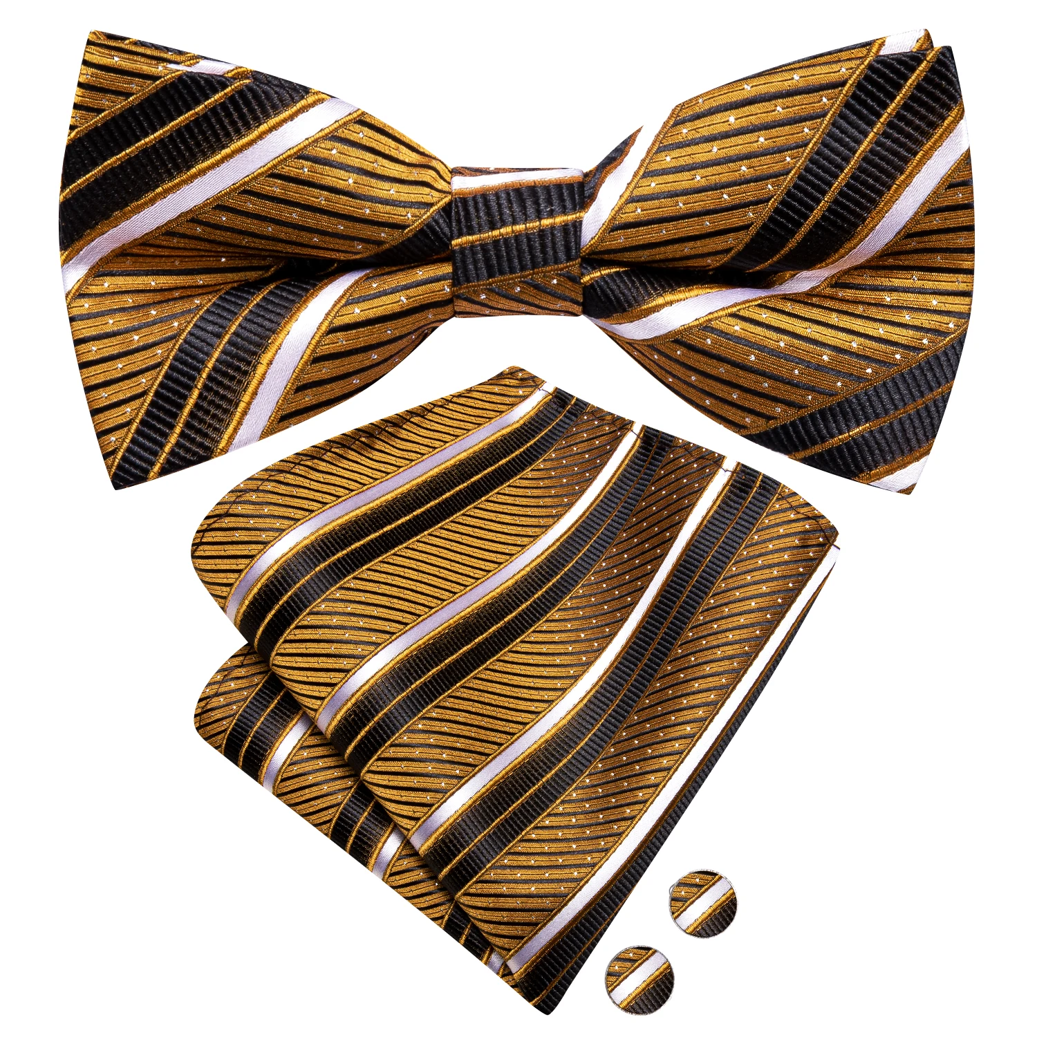 

Hi-Tie Striped Gold Black Men Bow Tie Hankerchief Cufflink Pre-tied Silk Butterfly Knot Bowtie for Male Business Party Wholesale