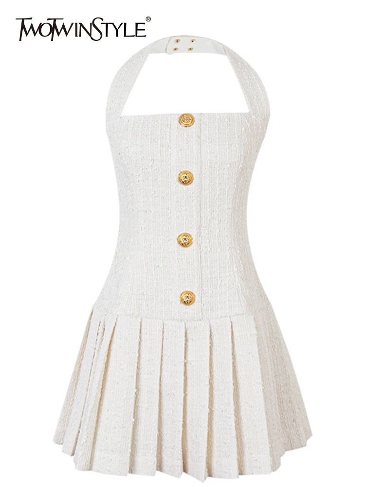 TWOTWINSTYLE Elegant Solid Dresses For Women Halter Sleeveless Tunic Patchwork Pleated Temperament Dress Female Fashion Clothing
TWOTWINSTYLE Elegant Solid Dresses For Women Halter Sleeveless Tunic Patchwork Pleated Temperament Dress Female Fashion Clothing