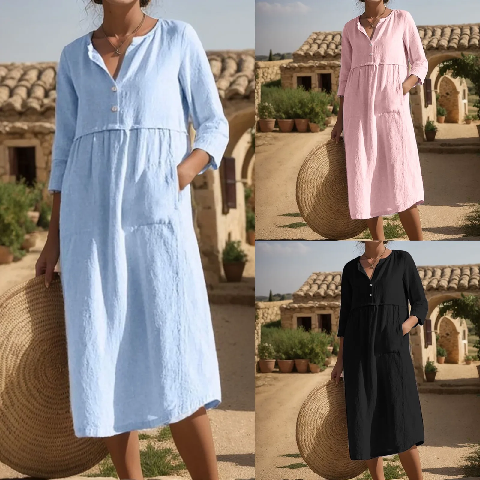 2024 Autumn Women Round Neck Button Pocket Cotton Linen Sleeve Dress Casual Solid Color Dress Vintage Fashion Dress with Pocket
2024 Autumn Women Round Neck Button Pocket Cotton Linen Sleeve Dress Casual Solid Color Dress Vintage Fashion Dress with Pocket