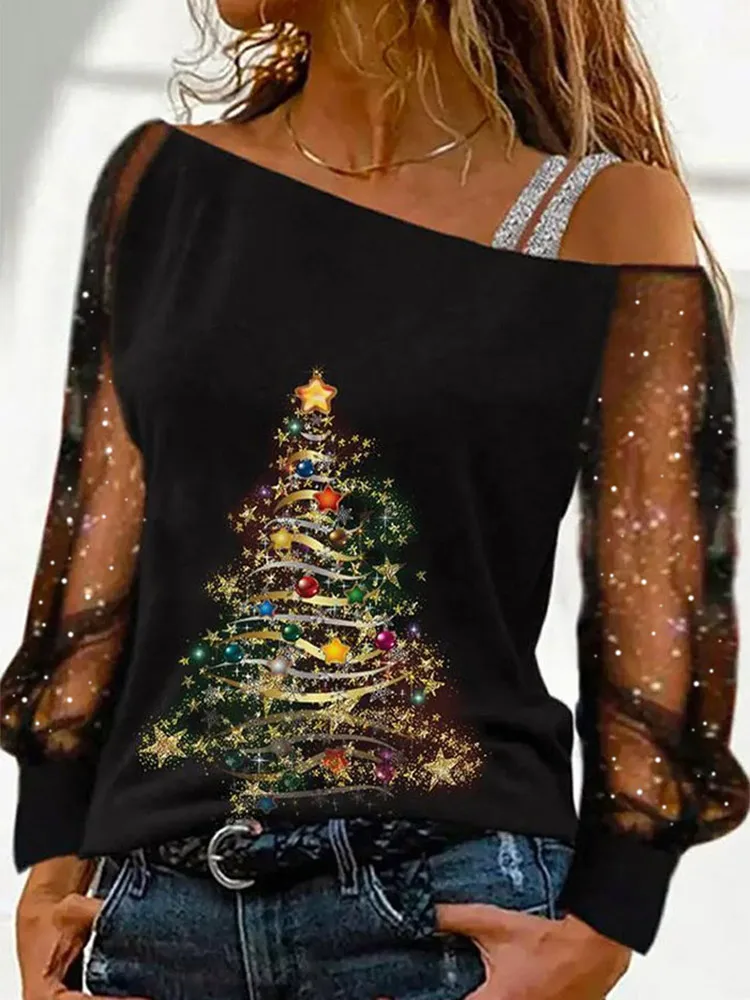 

Women's Sexy Off Shoulder Blouse Mesh Splicing Long Sleeve Top Xmas Tree Print T Shirts Holiday Merry Christmas Tunic Tee Party