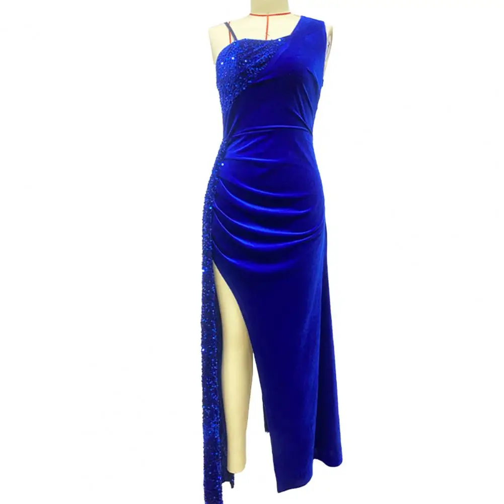 

Maxi Dress Elegant Sequins Patchwork Maxi Party Dress with High Split One-shoulder Design Shirring for Women Color Slit Maxi