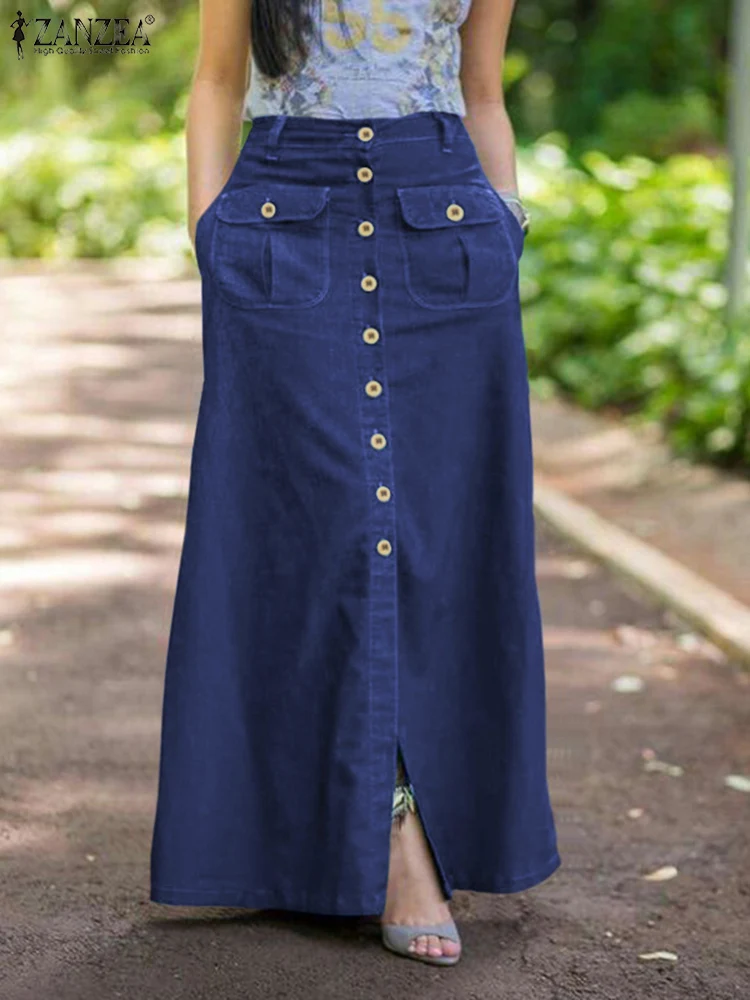 

ZANZEA Women Vintage Skirts Denim Blue Maxi Skirt 2024 Summer Casual Solid Holiday Bottoms Lady A-line Button Up Skirt Oversized