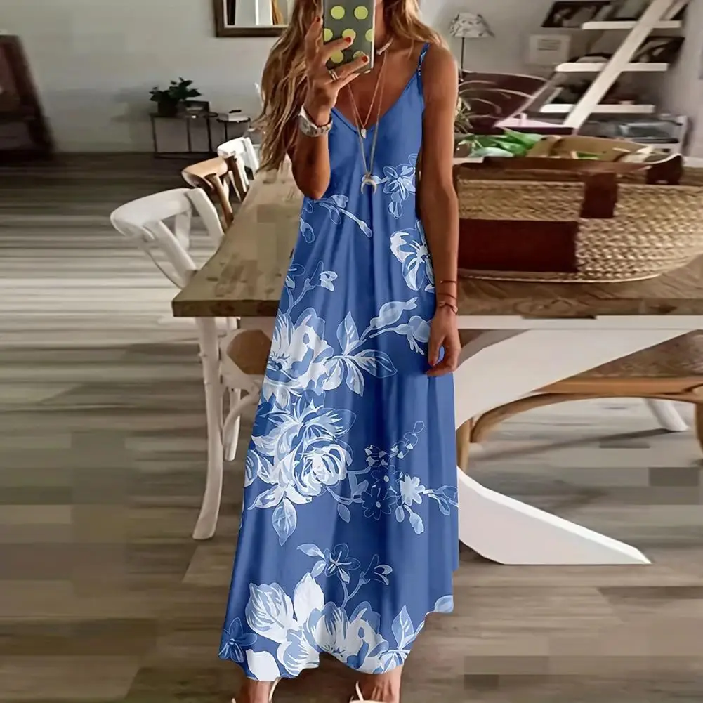 

Beach Printed Dress Bohemian Style Floral Print Maxi Dress for Women Vacation Beach Sundress with V Neck Strappy Design Summer