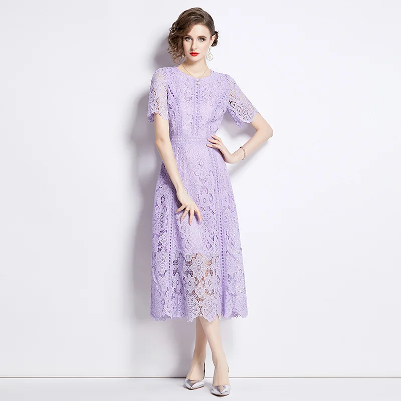 

2024 Summer Clothing New Short Sleeve Lace Dress Women's Mid-Length Crocheted Hollowed Purple High Waist Aa Line Skirt Slimming