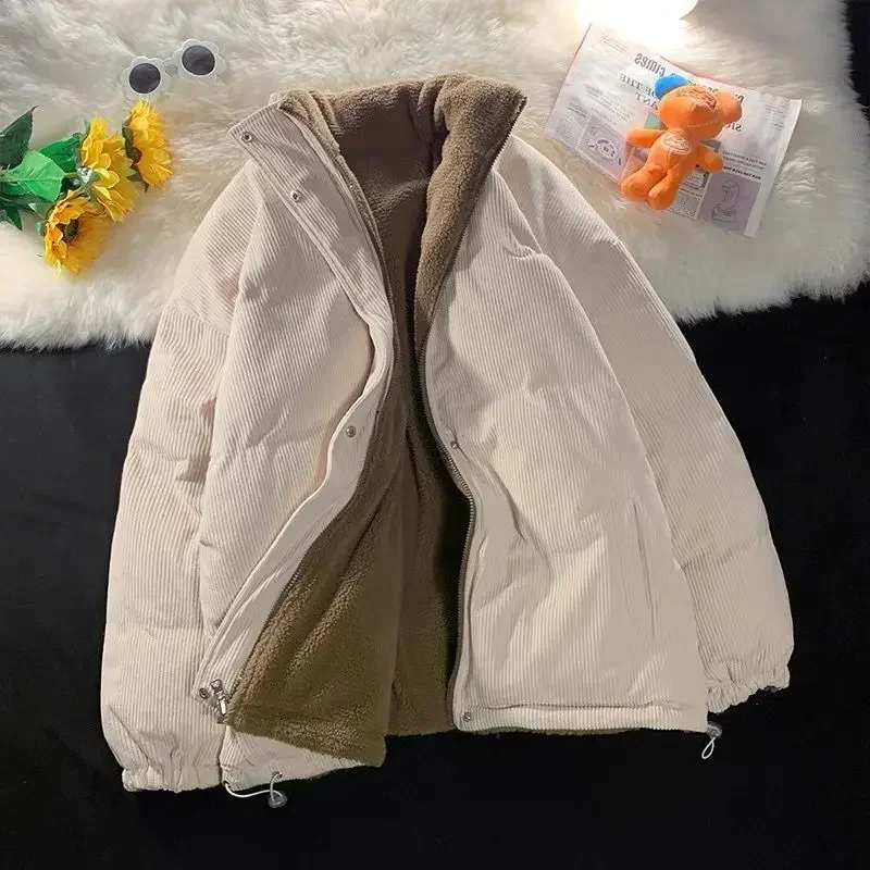 

Double Sided Winter Jacket Women Coat Warm Clothes 2022 Corduroy Loose Outerwear Vintage Lamb Fleece Casual Thick Gray