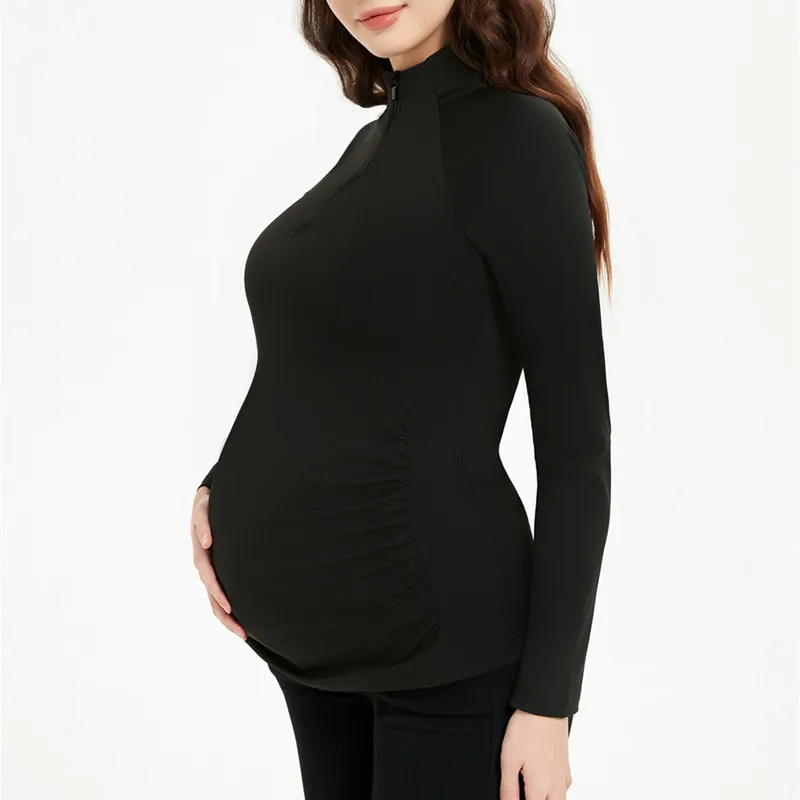 

Maternity Stand Collar Zipper Yoga Sweatshirt Stretchy Sports Top For Spring Winter