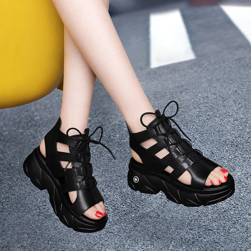 

Roman Sandals Female Peep Toe New Summer Flat Hollow Lace-up Women Platform Shoes Trend Sandals High Top Fashion Model Women's