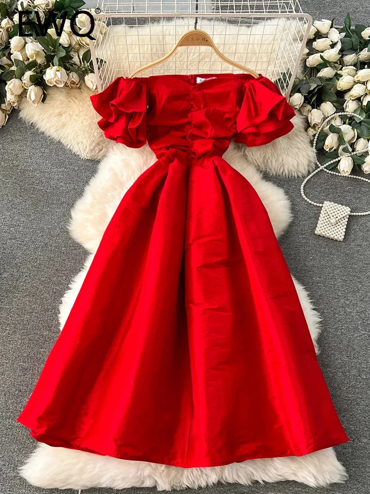 

EWQ Solid Color Slash Neck Fold High Waist A-line Vestidos Elegant Chic Banquet Women's Dress Winter Spring 2024 New 27SN5282