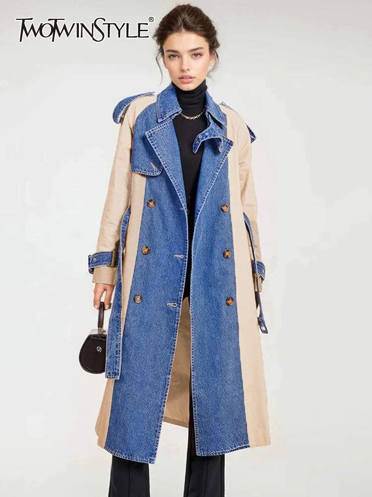 TWOTWINSTYLE Colorblock Patchwork Denim Trench For Women Lapel Long Sleeve Spliced Lace Up Casual Coats Female Fashion Clothes
TWOTWINSTYLE Colorblock Patchwork Denim Trench For Women Lapel Long Sleeve Spliced Lace Up Casual Coats Female Fashion Clothes
