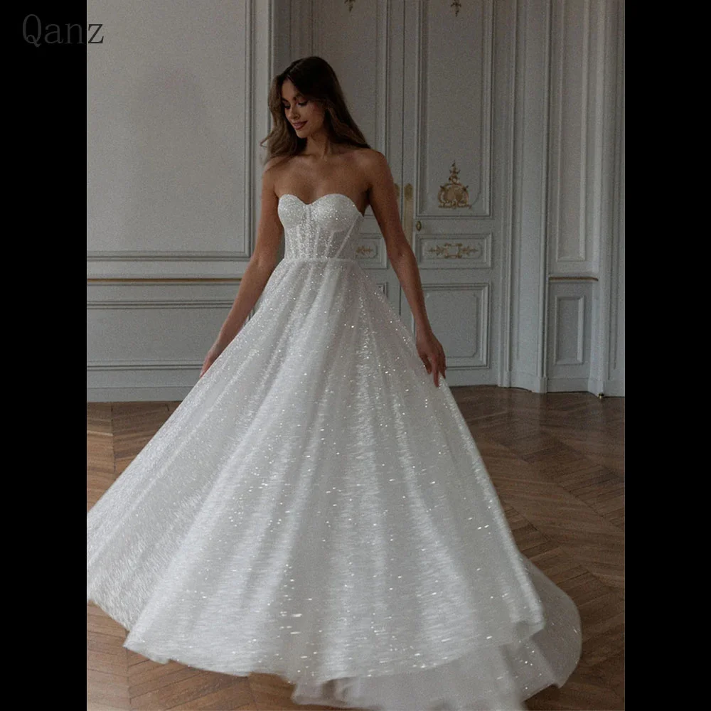 

Qanz Shiny Tulle Wedding Dress Sparkle Sweetheart Long Vestidos De Novia A Line Lace Up Back Robe De Mariée Party Gown for Women