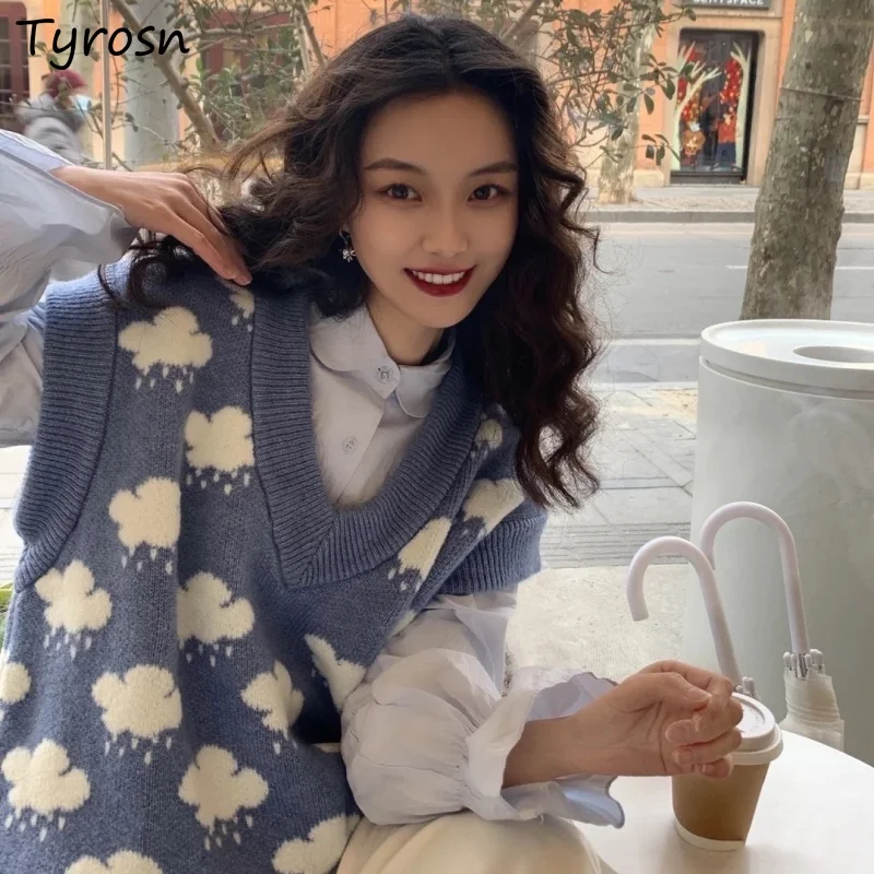 

Printed Lovely Sweater Vests Women Gentle Literary Autumn Winter Cozy Soft Loose Students Sweet Knitted V-neck Korean Style Chic