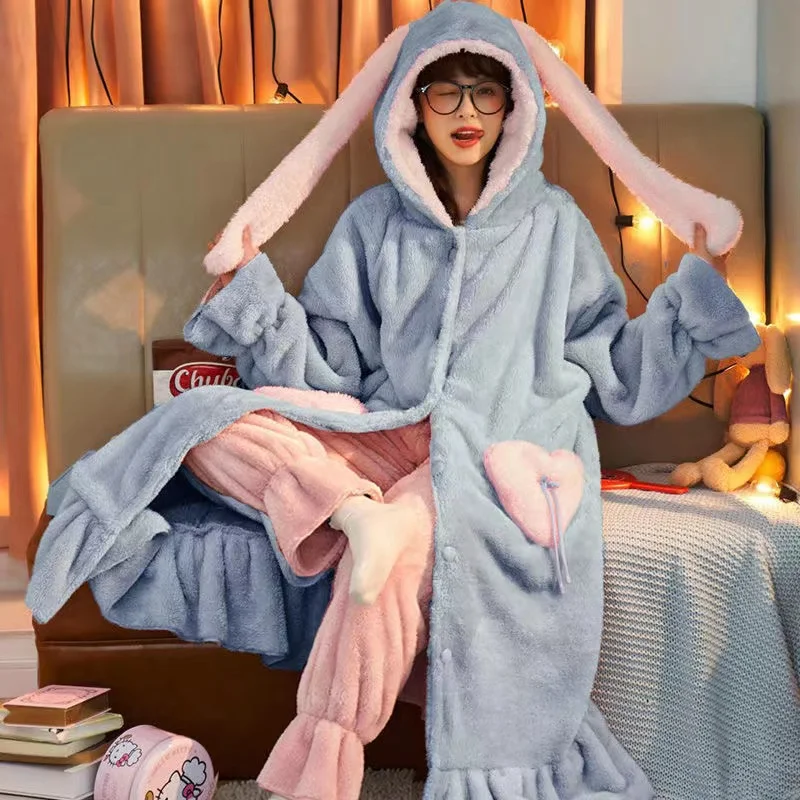 

New Pajama Sets Women's Long Sleeve Winter Woman Thick Warm Fleece Home Clothes Cute Hooded Pyjamas Suit Homewear Female