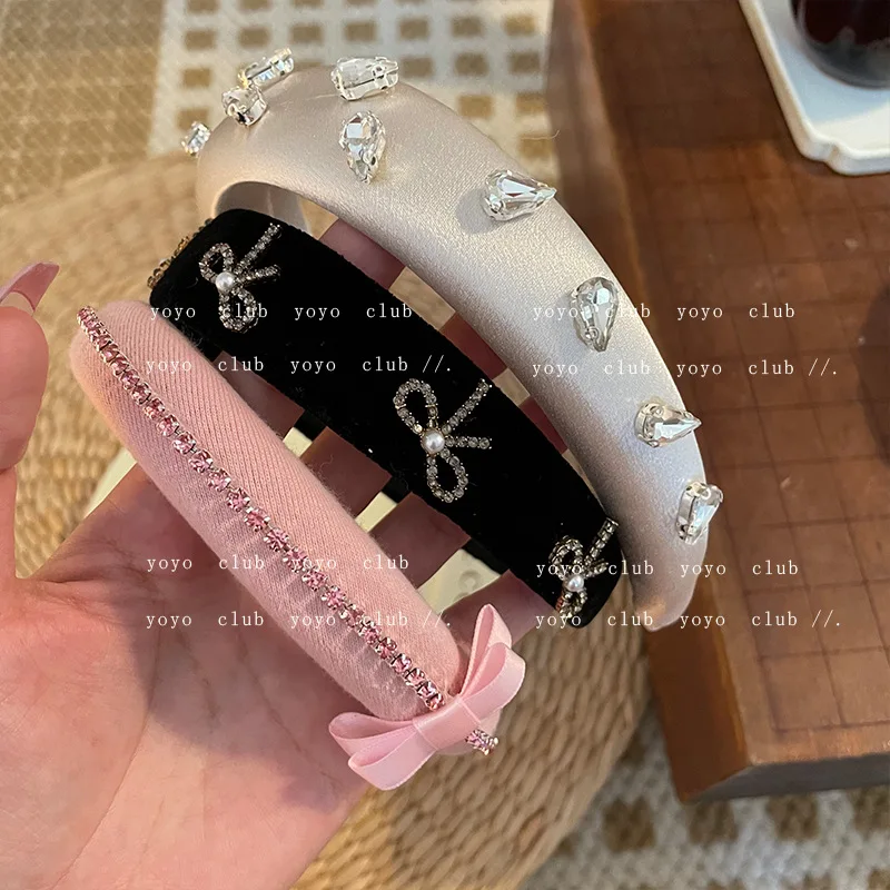 

Korea luxury Rhinestone Bow Headband for women padded hairbands girls black head band wide headband Pink hoofdband accessories