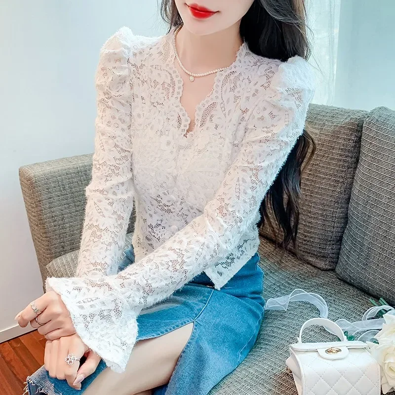 

Элегантная блузка с цветочным узором и крючком, белая осенняя одежда, Женская Повседневная офисная блузка с V-образным вырезом, женские блузки 29910