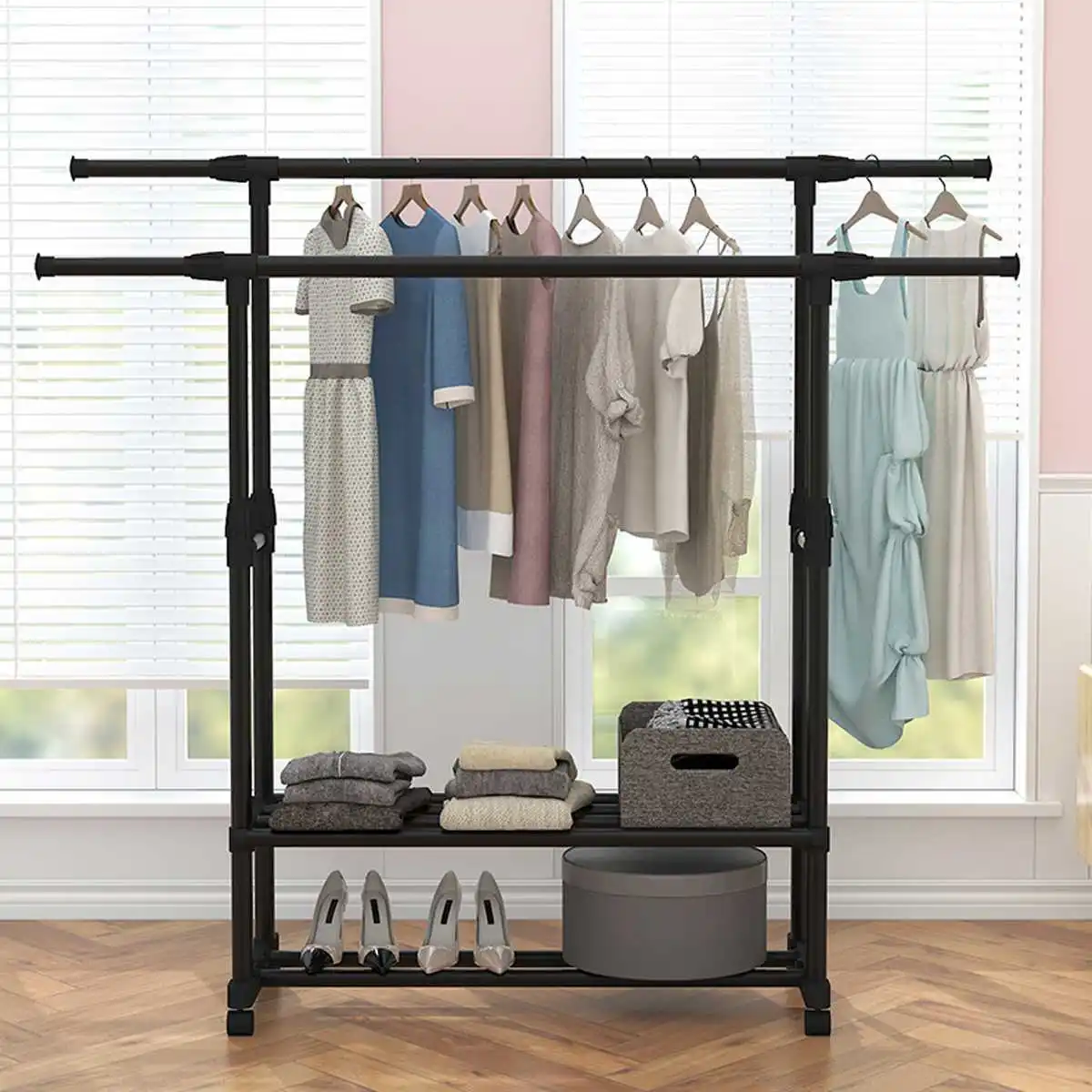 150cm Standing Coat Rack Dual Rails Storage Clothing Rack Anti-slip Shoes Shelves Coat Hanger with Rolling Living Room Furniture
150cm Standing Coat Rack Dual Rails Storage Clothing Rack Anti-slip Shoes Shelves Coat Hanger with Rolling Living Room Furniture