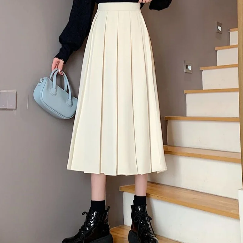 

Pleated Women's Skirt Faldas Para Mujeres Spring Autumn New High Waist Fashion Solid A-Line Folds Wide Leg Mid Length Skirts