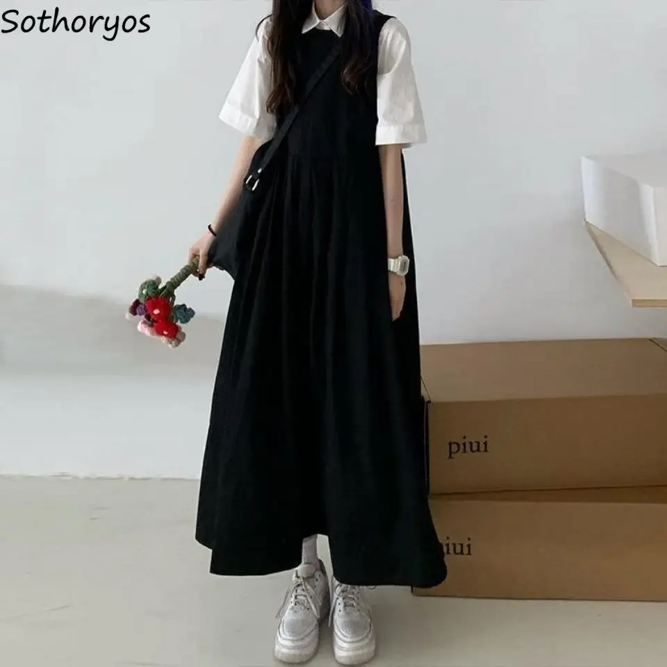 

Женское длинное платье в стиле преппи, свободная летняя рубашка с отложным воротником, милая школьная бандажная корейская модная одежда из двух предметов